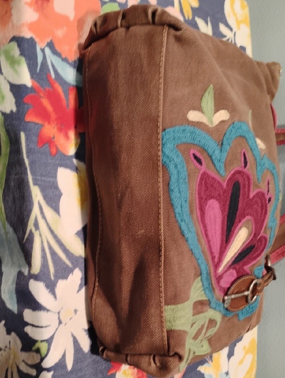 FOSSIL Vintage Brown Floral Embroidered Shoulder Bag - Picture 5 of 7